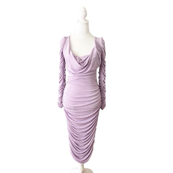 Aliette Ruched Long Sleeve Cowl Neck Midi Dress 2 Purple NWT - Picture 4 of 12